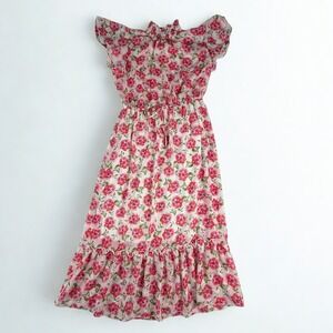 Stella & Julie Floral‎ Ruffle Midi Dress Pink Green Size 8 Romantic Cottagecore